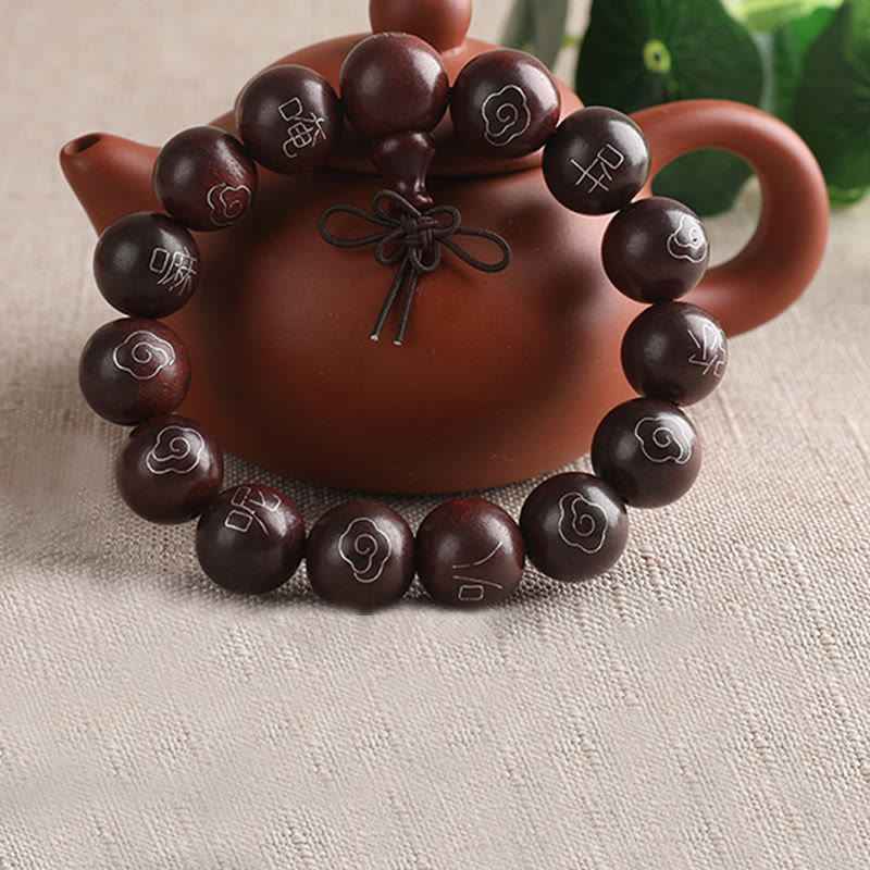 Fortune Jewel 925 Sterling Silver Inlaid Small Leaf Red Sandalwood Om Mani Padme Hum Character Auspicious Clouds Protection Bracelet