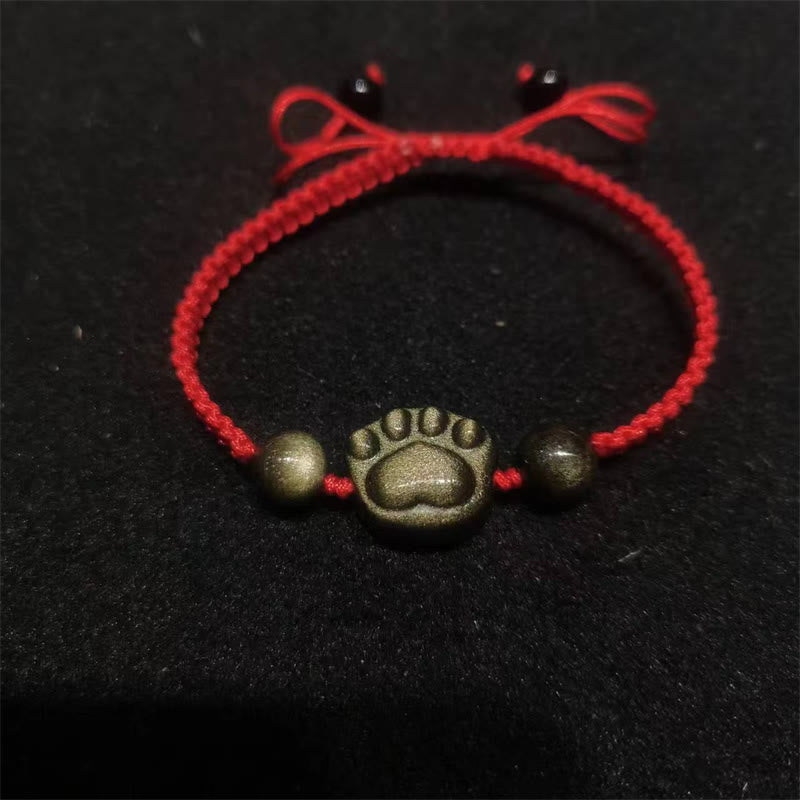 Fortune Jewel Natural Silver Sheen Obsidian Gold Sheen Obsidian Cute Cat Paw Claw Protection Rope Bracelet