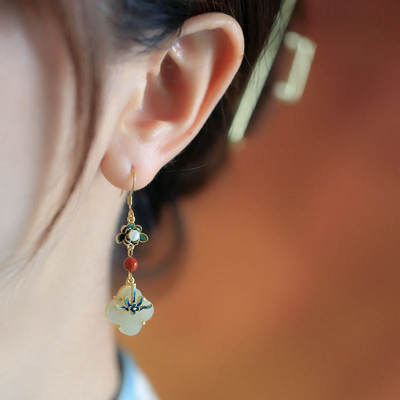 Fortune Jewel Lucky Four Leaf Clover Jade Abundance Copper Earrings