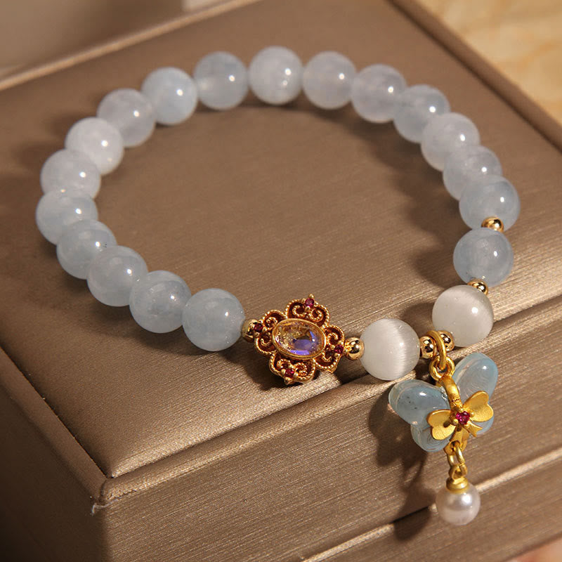 Fortune Jewel Aquamarine Cat's Eye Healing Butterfly Pearl Charm Bracelet