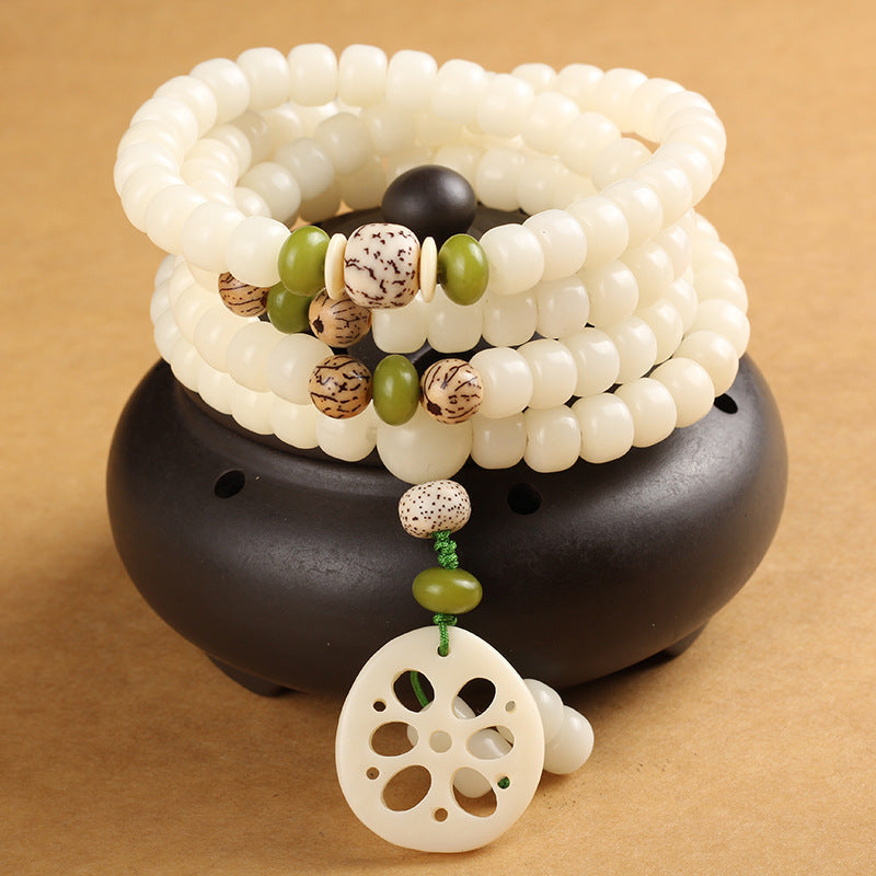 Fortune Jewel White Bodhi Seed Mala 108 Beads Luck Bracelet