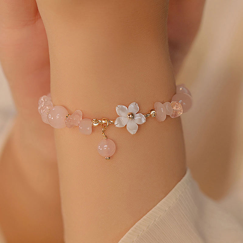 Fortune Jewel 14k Gold Plated Natural Pink Crystal Flower Love Bracelet