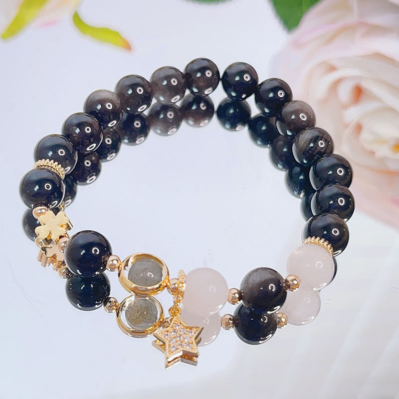 Fortune Jewel Natural Silver Sheen Obsidian Love Heart Star Flower Protection Bracelet