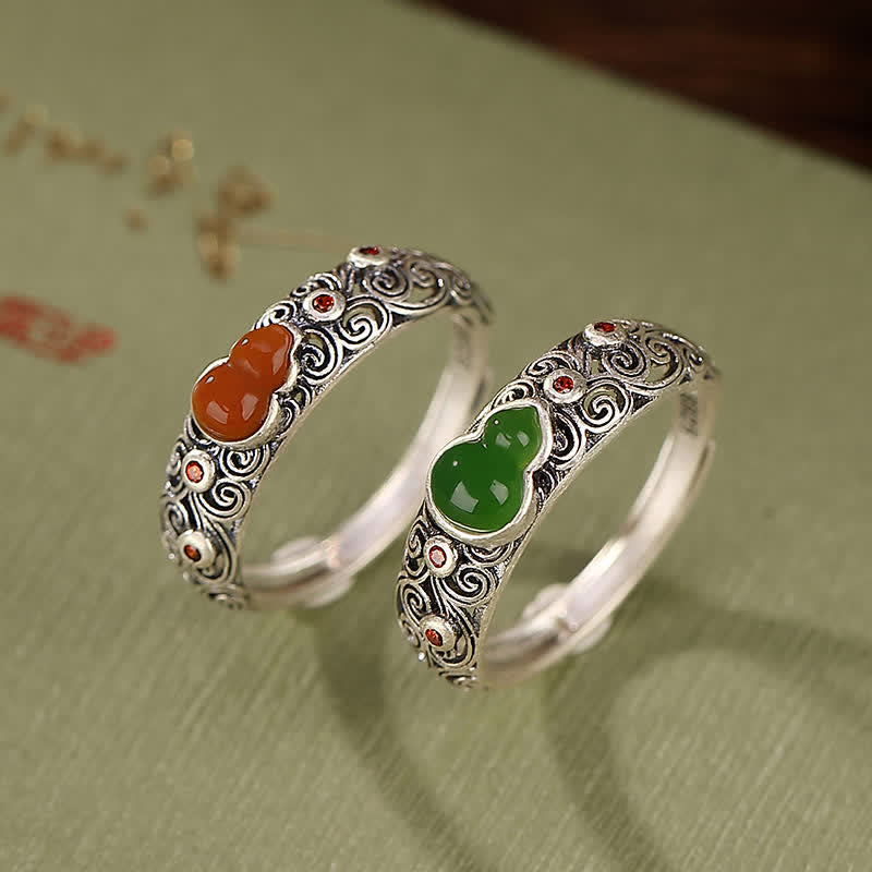 Fortune Jewel 925 Sterling Silver Red Agate Cyan Jade Gourd Blessing Auspicious Ring