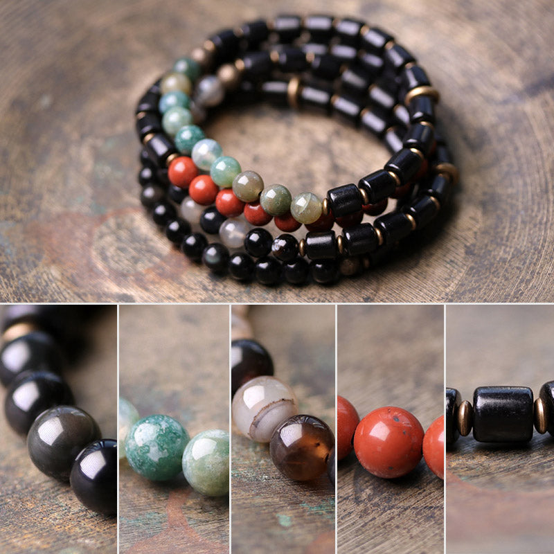 Fortune Jewel Ebony Wood Red Jasper Moss Agate Crystal Copper Peace Couple Bracelet