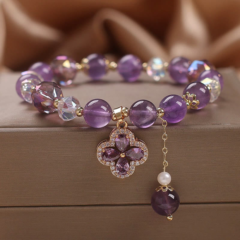 Fortune Jewel Natural Amethyst Crystal Four Leaf Clover Spiritual Healing Bracelet
