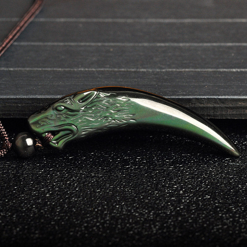 Fortune Jewel Natural Black Obsidian Ice Obsidian Rainbow Obsidian Wolf Tooth Pattern Strength Necklace Pendant