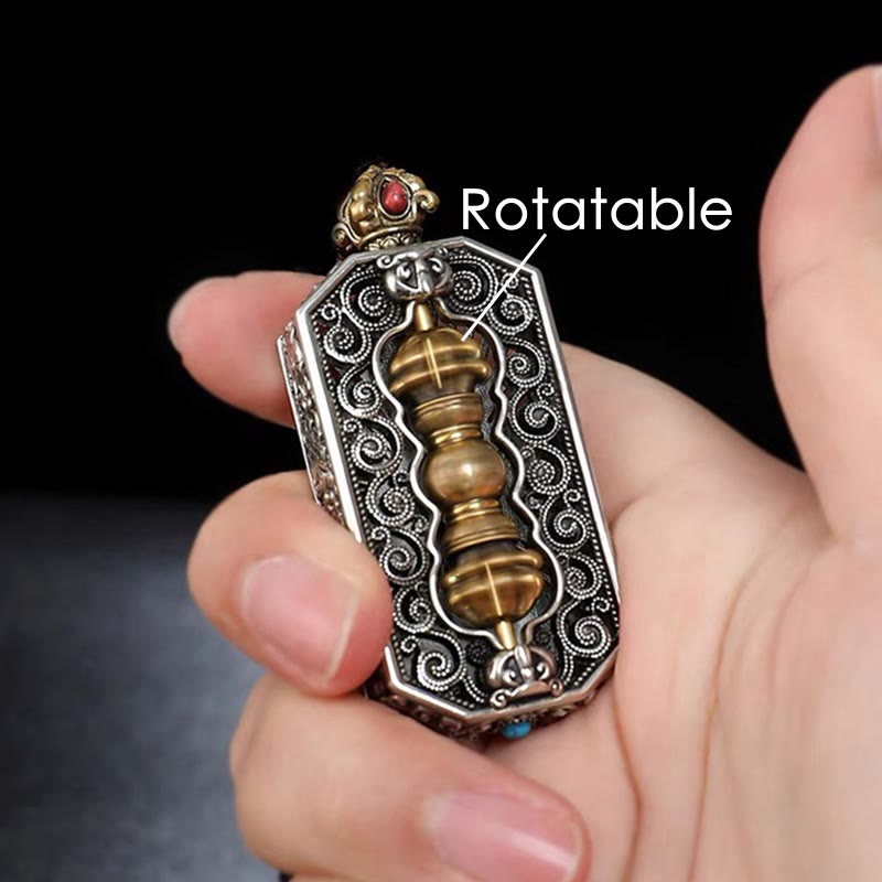 Fortune Jewel Tibetan Om Mani Padme Hum Carved Dorje Vajra Rotatable Lotus Pattern Purity Rope Necklace Pendant