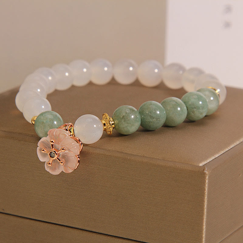 Fortune Jewel White Agate Jade Flower Charm Luck Protection Bracelet