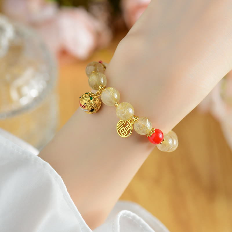 Fortune Jewel Natural Golden Rutilated Quartz Fu Character Charm Bell Wealth Bracelet