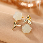 Fortune Jewel 925 Sterling Silver Plated Gold Jade Rose Flower Cyan Jade Pearl Luck Earrings
