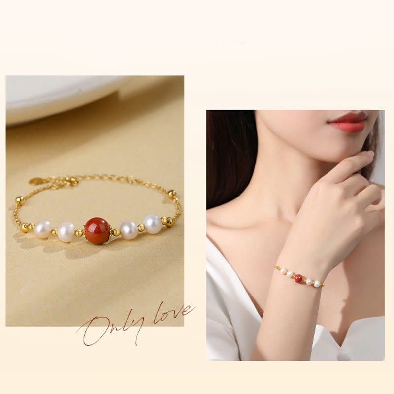 Fortune Jewel 925 Sterling Silver Pearl Cinnabar Healing Bead Chain Bracelet