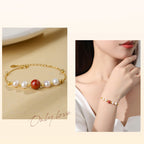 Fortune Jewel 925 Sterling Silver Pearl Cinnabar Healing Bead Chain Bracelet