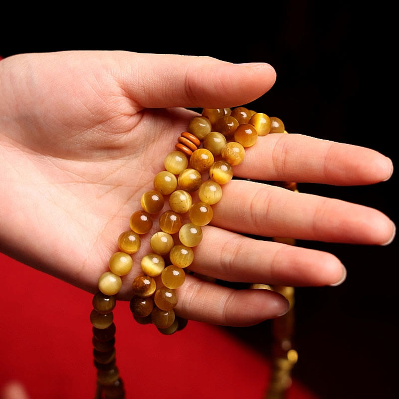 Fortune Jewel 108 Mala Beads Natural Tiger Eye Copper Dorje Protection Tassel Bracelet