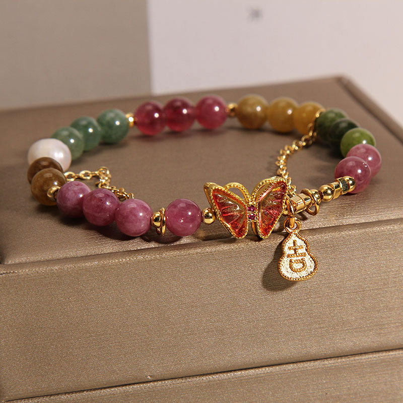 Fortune Jewel Natural Colorful Tourmaline Butterfly Auspicious Character Gourd Charm Positive Bracelet