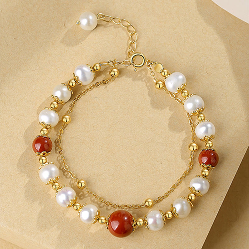 Fortune Jewel 925 Sterling Silver Pearl Cinnabar Wisdom Bead Double Layer Chain Bracelet