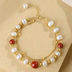 Fortune Jewel 925 Sterling Silver Pearl Cinnabar Wisdom Bead Double Layer Chain Bracelet