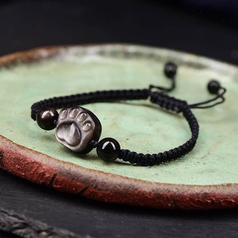 Fortune Jewel Natural Silver Sheen Obsidian Gold Sheen Obsidian Cute Cat Paw Claw Protection Rope Bracelet