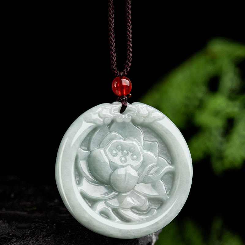 Fortune Jewel Natural Jade Lotus Flower Carved Prosperity Necklace Pendant Fortune Jewel