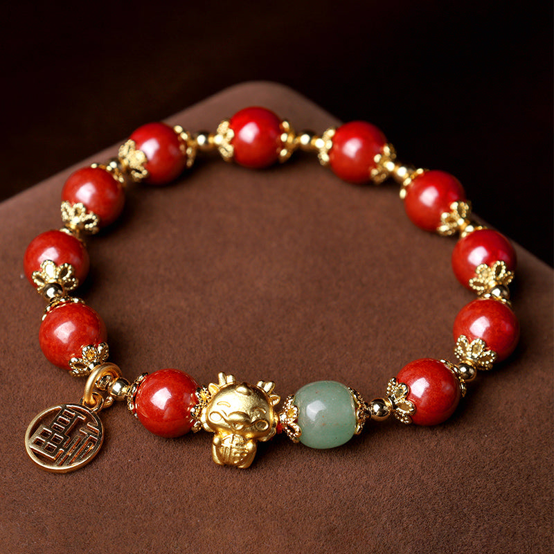 Fortune Jewel Year of the Dragon Natural Cinnabar Fu Character Charm Blessing Bracelet
