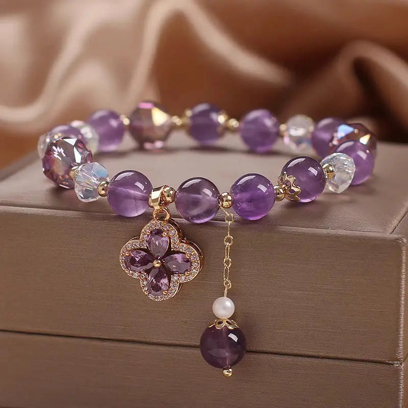 Buddha Stones "All the best for Calm and Wisdom" Amethyst Flower Bracelet Includes Gift Message Card Fortune Jewel