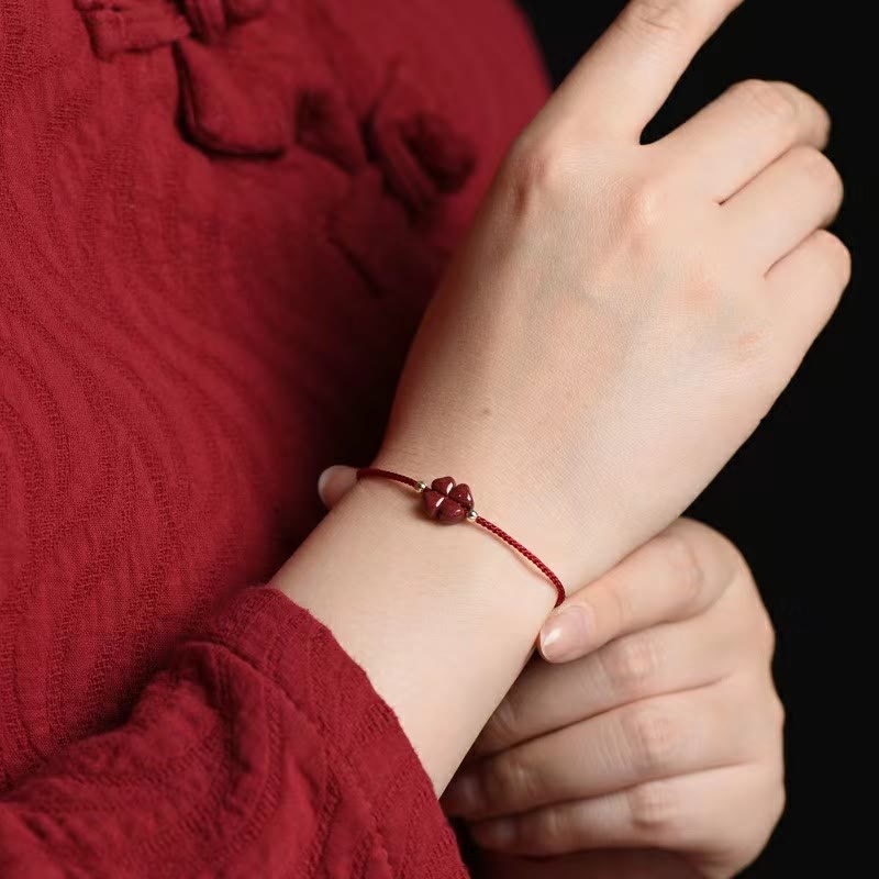 Fortune Jewel Natural Cinnabar Four Leaf Clover Blessing Red String Bracelet Anklet
