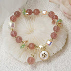Fortune Jewel Strawberry Quartz Lucky Four Leaf Clover Healing Charm Bracelet