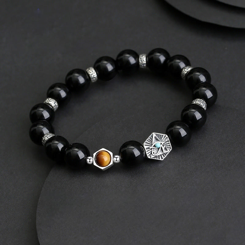 Fortune Jewel 925 Sterling Silver Black Obsidian Tiger Eye Eye of Providence Purification Bracelet