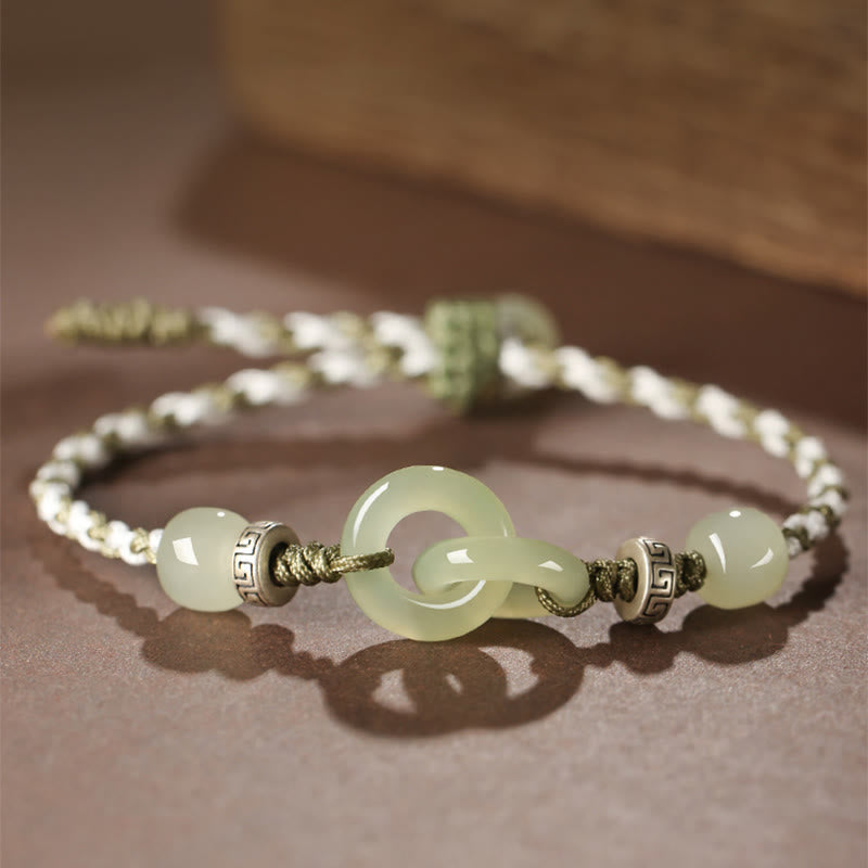 Fortune Jewel Natural Hetian Jade Peace Buckle Luck Braided Bracelet