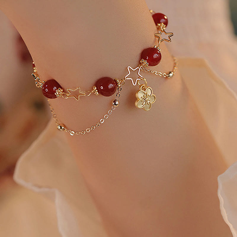 Fortune Jewel 14k Gold Plated Red Agate Star Flower Charm Calm Bracelet