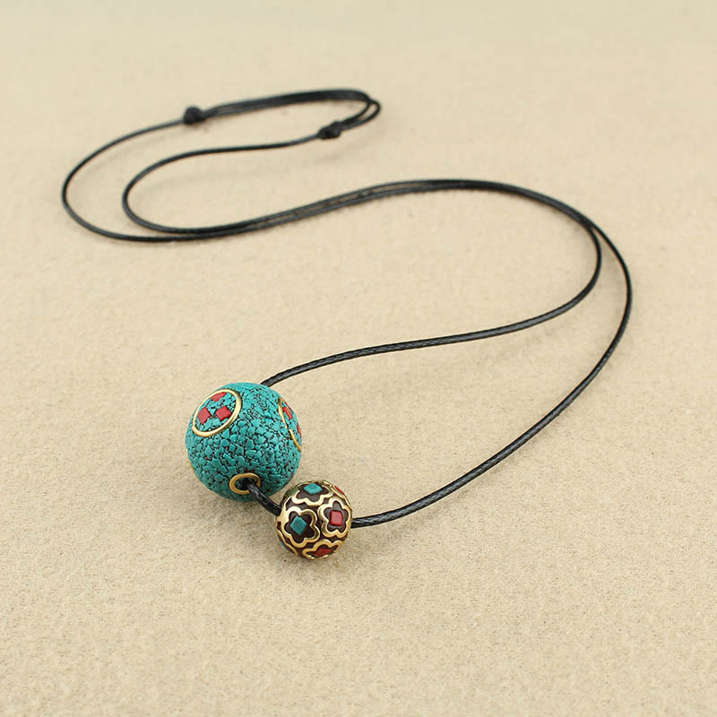 Fortune Jewel Tibetan Turquoise Double Bead Protection Strength Necklace Pendant