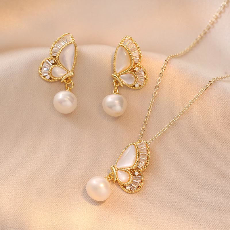 Fortune Jewel Tridacna Stone Pearl Bead Butterfly Healing Necklace Pendant Earrings Set