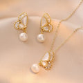 Fortune Jewel Tridacna Stone Pearl Bead Butterfly Healing Necklace Pendant Earrings Set