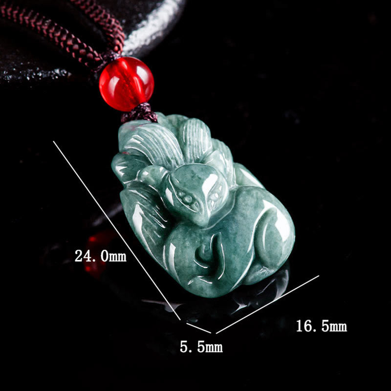 Fortune Jewel Natural Green Jade Nine Tailed Fox Engraved Prosperity Necklace Pendant