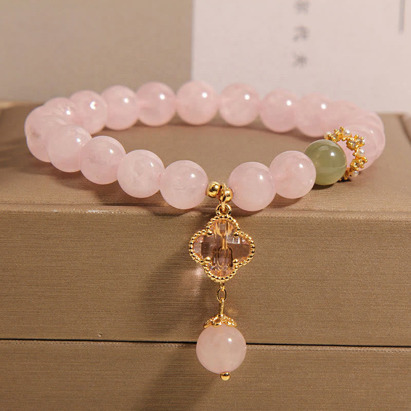 Fortune Jewel Natural Pink Crystal Four Leaf Clover Soothing Bracelet