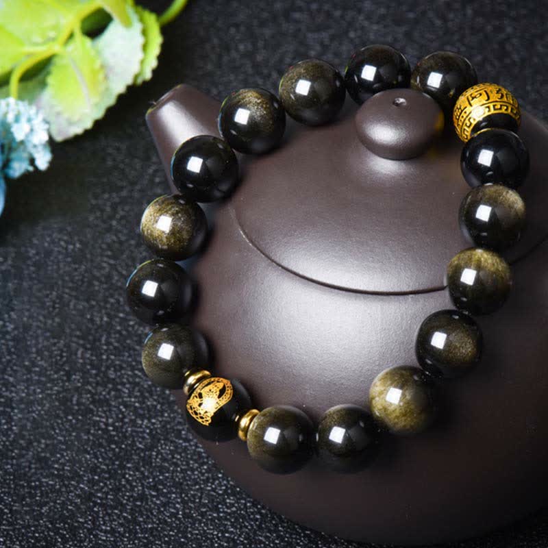 Fortune Jewel Chinese Zodiac Natal Buddha Gold Sheen Obsidian Wealth Protection Bracelet