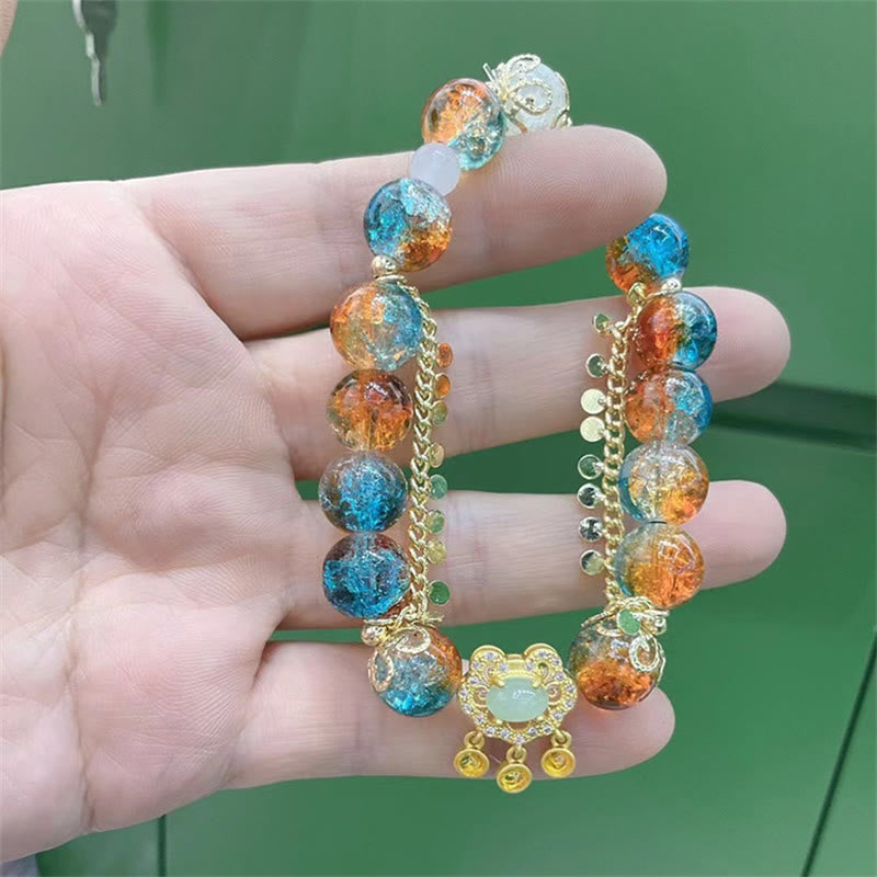 Fortune Jewel Colorful Liuli Glass Bead Chinese Lock Charm Fortune Bracelet