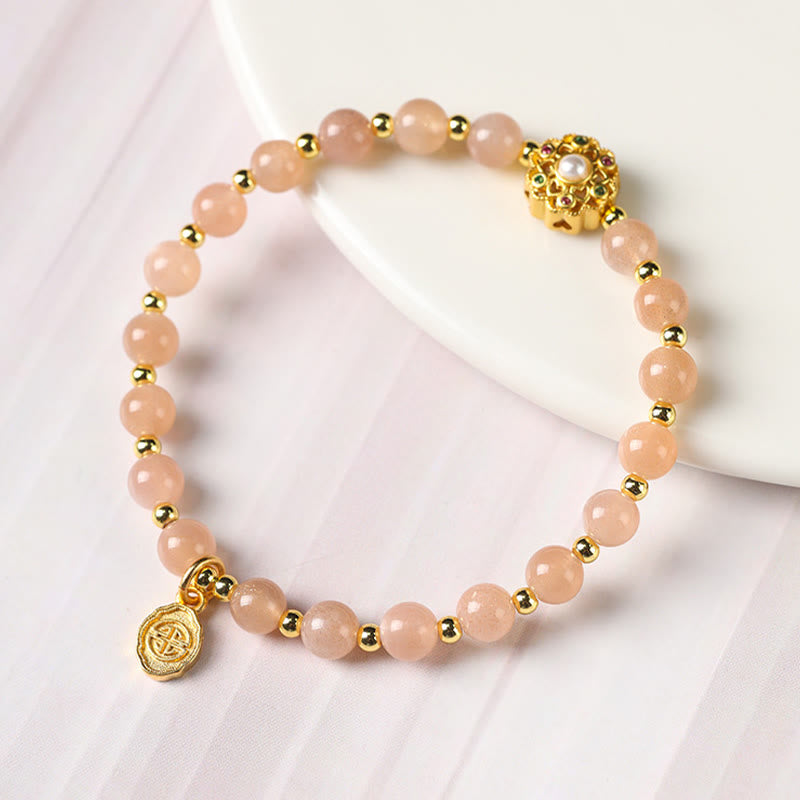 Fortune Jewel 14K Gold Plated Natural Strawberry Quartz Labradorite Sun Stone Fu Character Positive Charm Bracelet