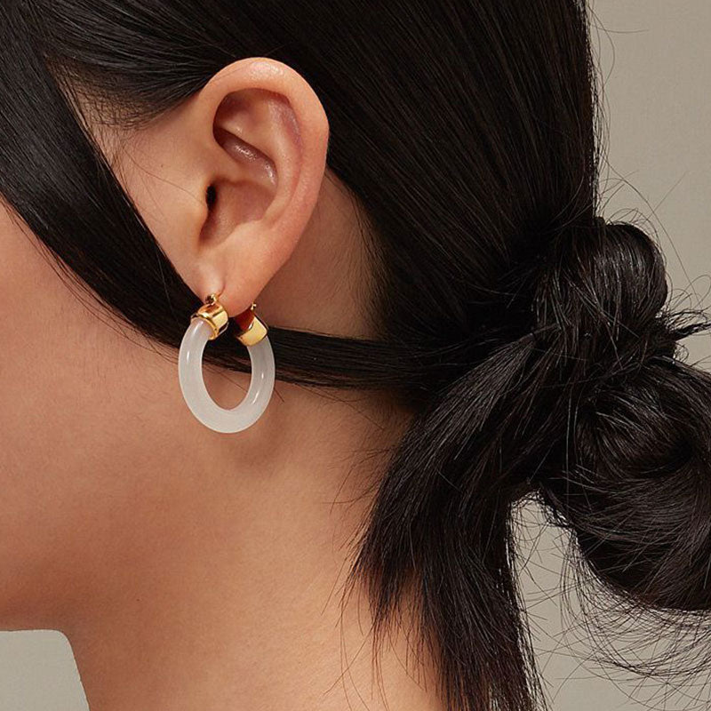 Fortune Jewel Round Jade White Jade Prosperity Earrings