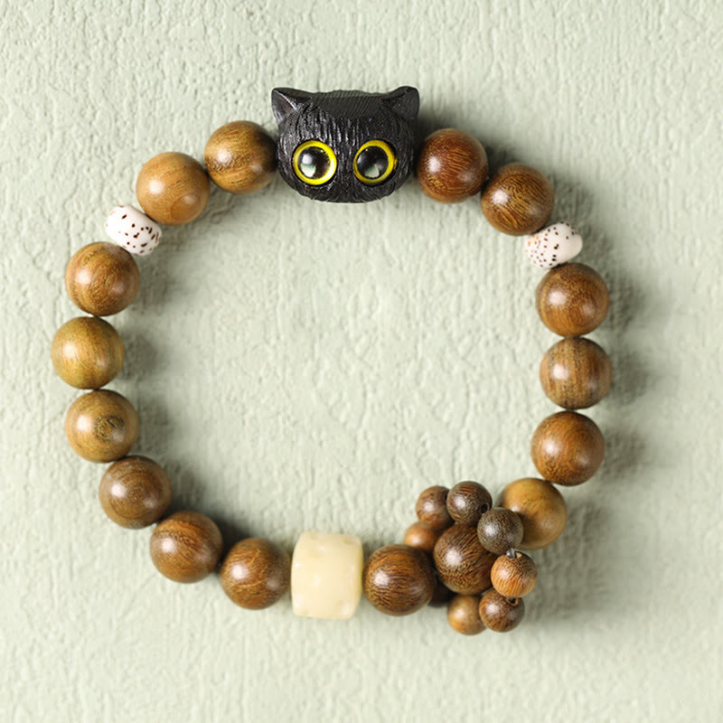 Fortune Jewel Green Sandalwood Ebony Wood Cat Peace Soothing Bracelet