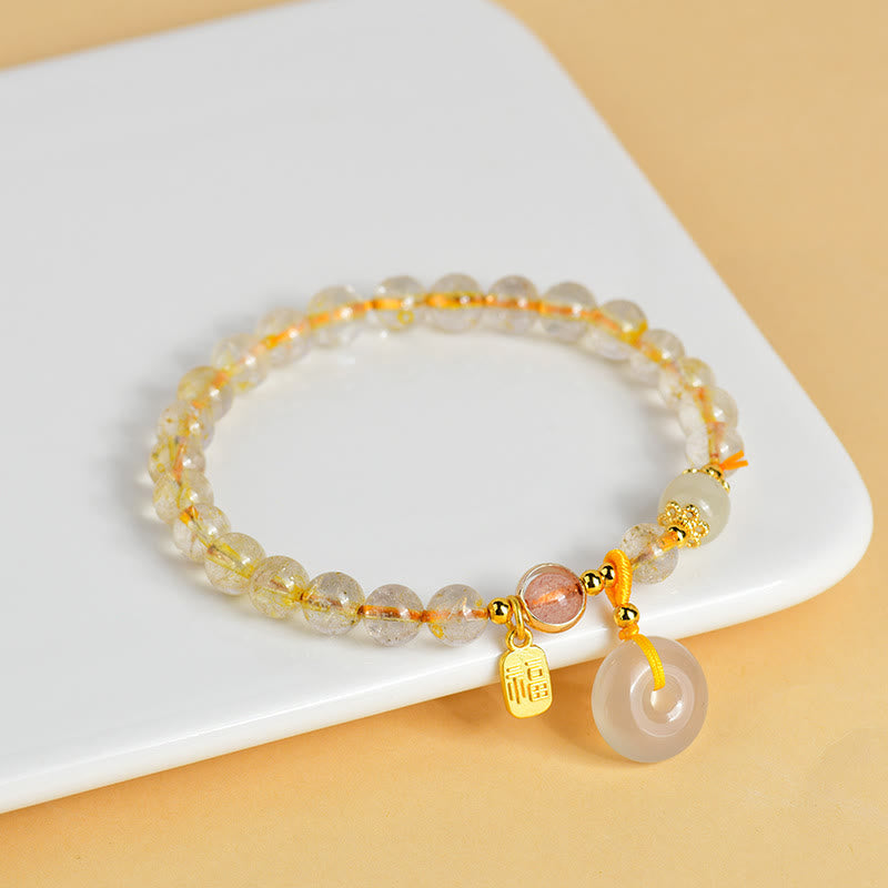 Fortune Jewel Natural Golden Rutilated Quartz Fu Character Peace Buckle Charm Wealth Bracelet
