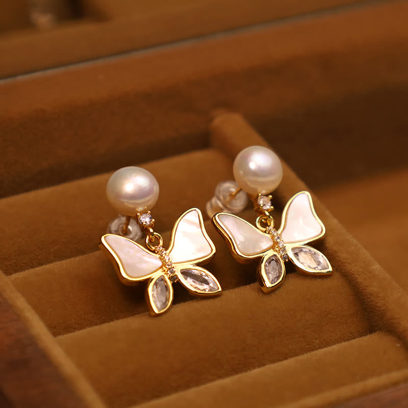 Fortune Jewel 18K Gold Plated Copper Natural Shell Pearl Butterfly Sincerity Stud Earrings