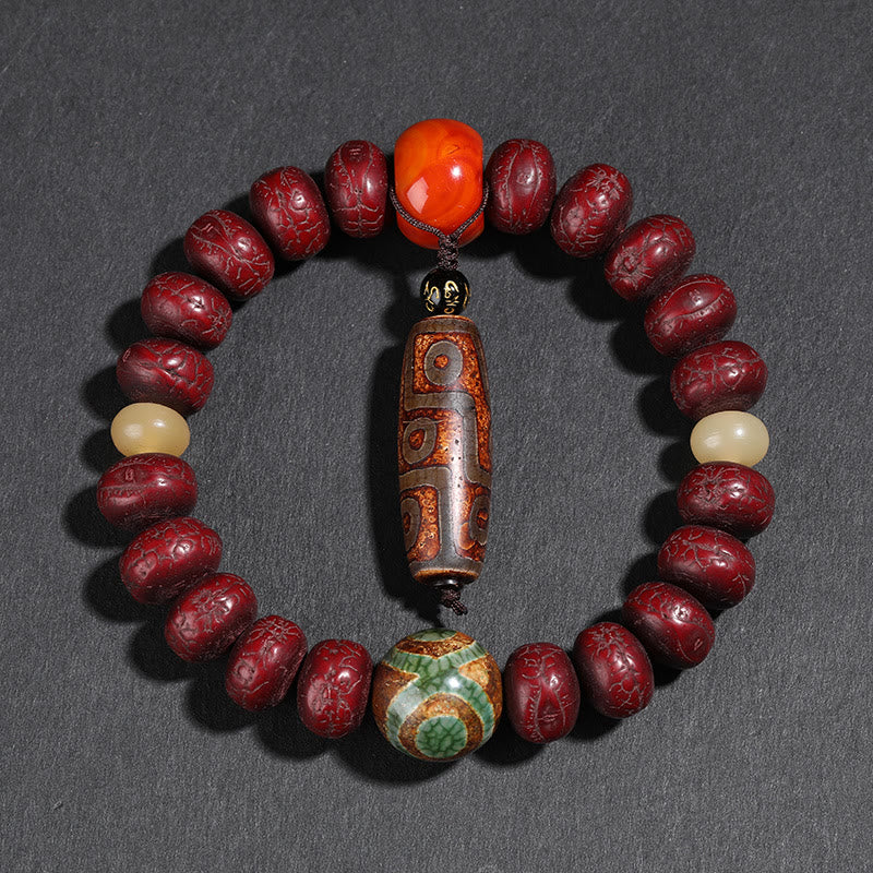 Fortune Jewel Tibet Bodhi Seed Dzi Bead Dancing Lion Luck Bracelet Wrist Mala