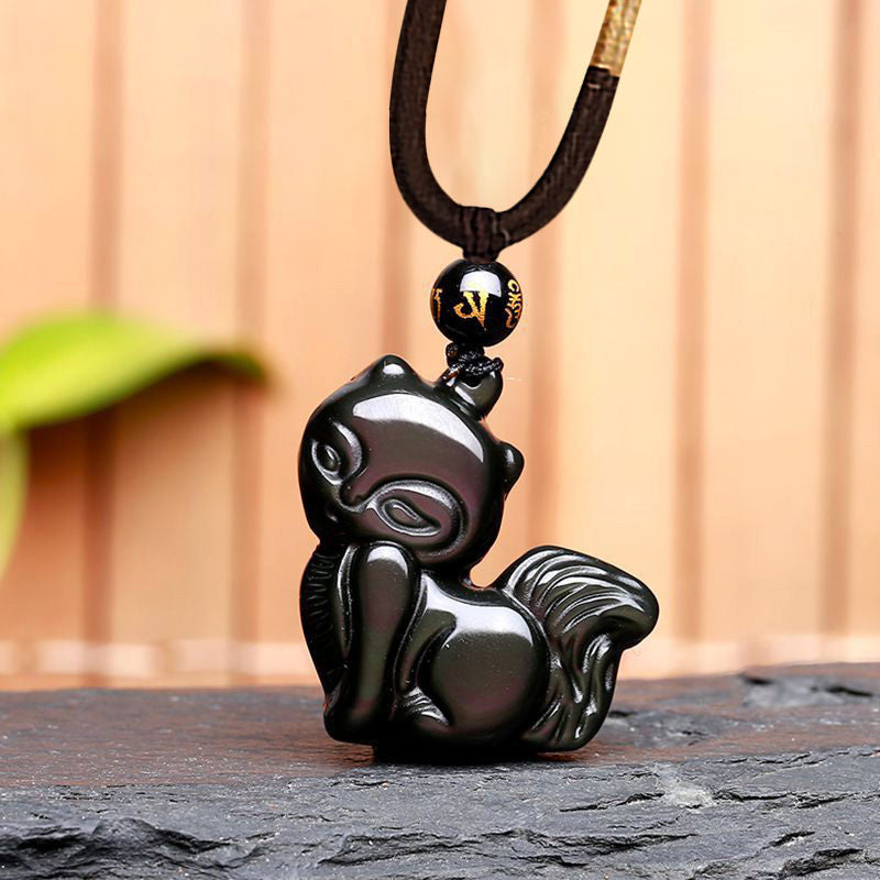Fortune Jewel Natural Rainbow Obsidian Gold Sheen Obsidian Nine Tailed Fox Positive Necklace Pendant