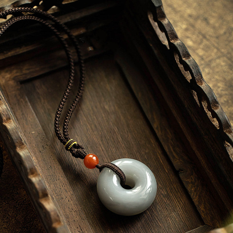 Fortune Jewel Natural Round Jade Gray Jade Peace Buckle Luck Necklace Pendant