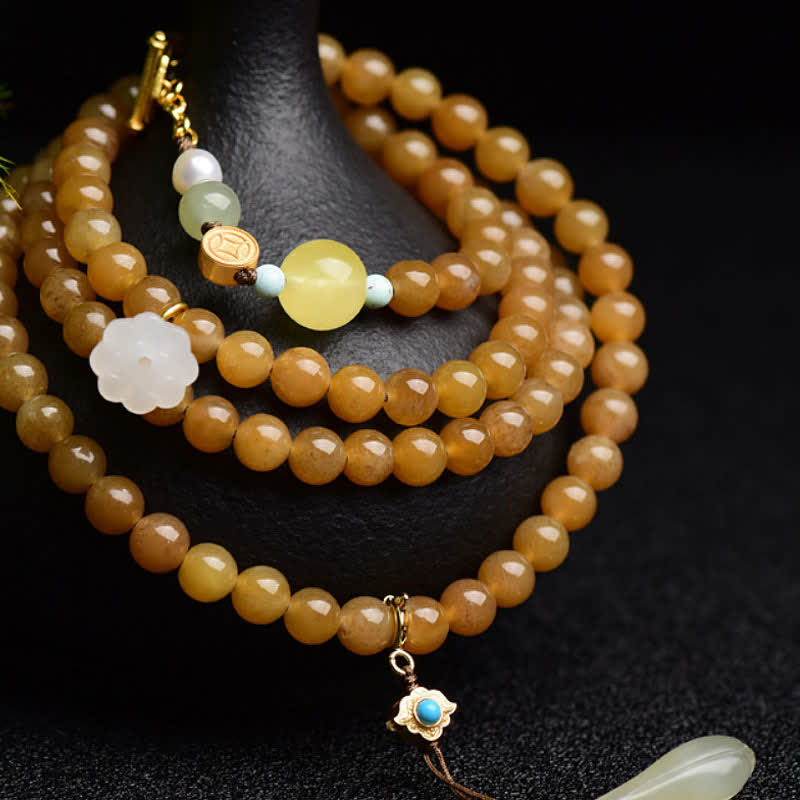 Fortune Jewel Natural Hetian Topaz Amber Lotus White Jade Pearl Success Bracelet