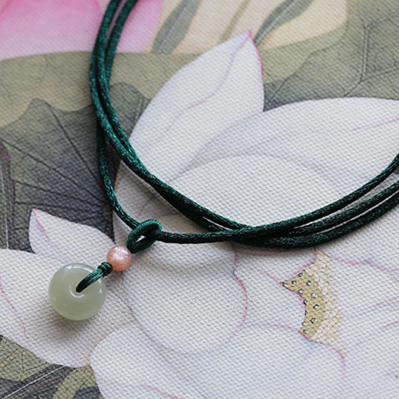 Fortune Jewel Natural Round Jade Peace Buckle Lotus Abundance String Necklace Pendant Fortune Jewel