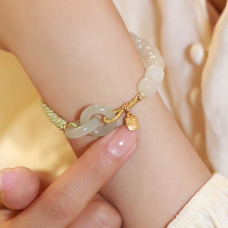 Fortune Jewel Natural Hetian Jade Bead Double Peace Buckle Fu Character Abundance Braided Bracelet