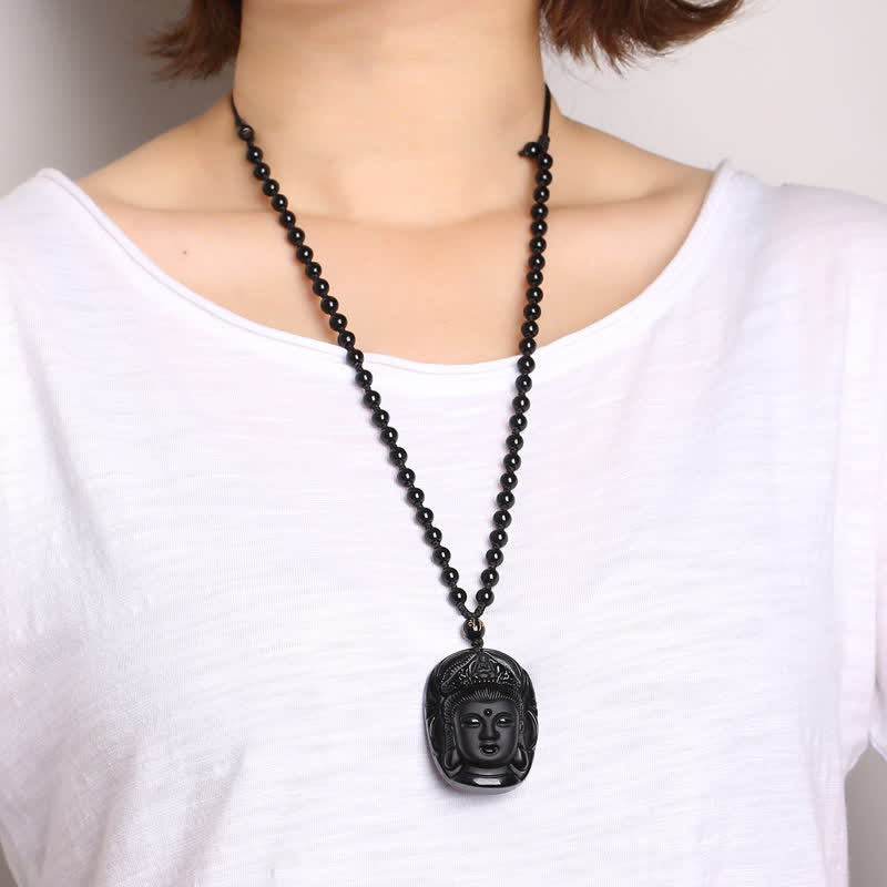 Fortune Jewel Natural Black Obsidian Kwan Yin Avalokitesvara Strength String Necklace Pendant