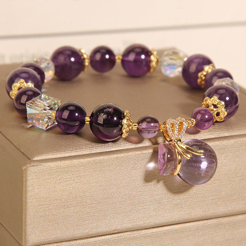 Fortune Jewel Natural Amethyst Crystal Money Bag Charm Positive Bracelet